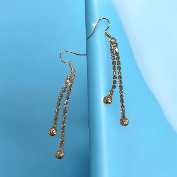 Double Golden Rhinestone Dangle Earrings - Picture 5 of 5